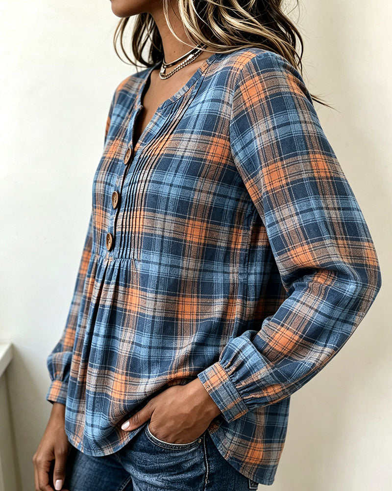 Bluse Tre-Knapp Rutete Langermet