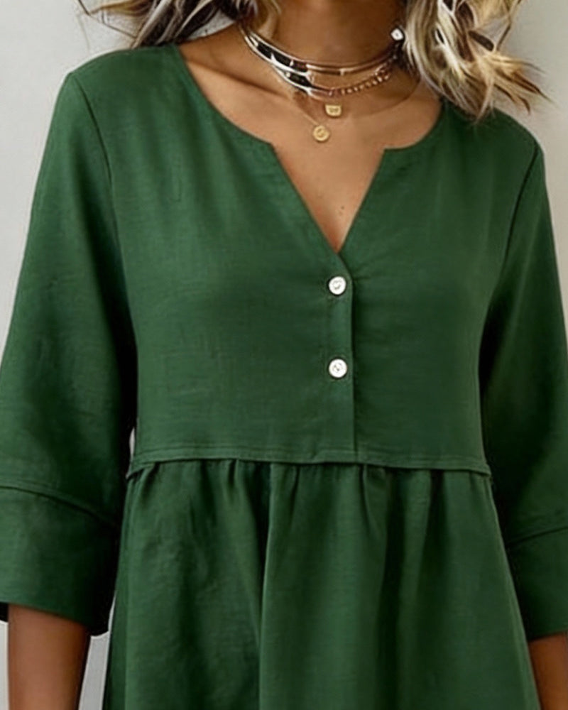 Kjole Lin-Blanding Kortærme Rynket A-Linje