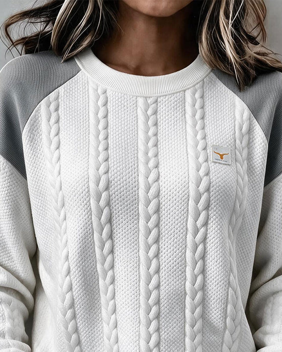 Sweatshirt Rund Hals Flettestrikk Fargeblokk