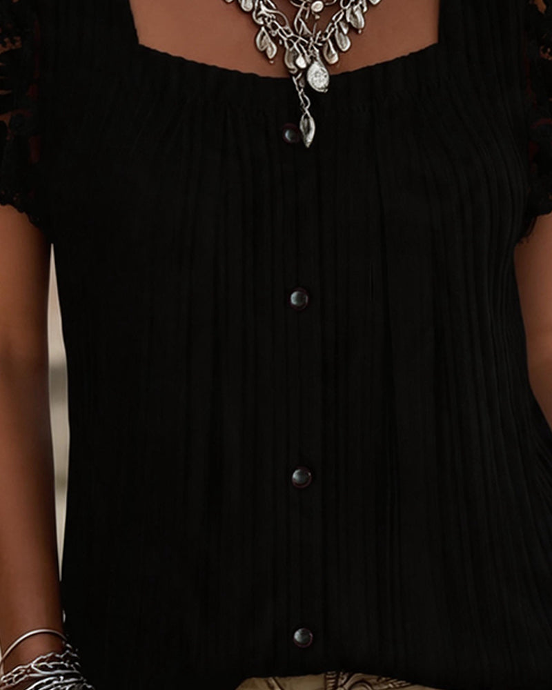 Bluse Firkantet Hals Ribbet Blonder Patchwork