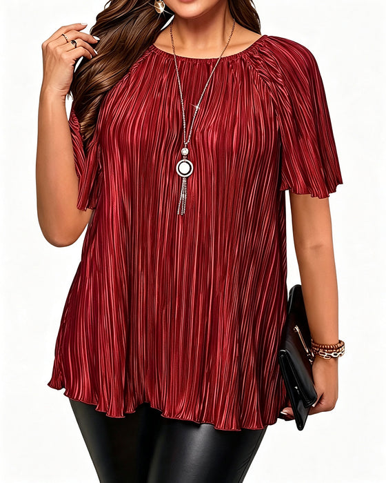 T-Skjorte Plus Size Solid Plissert Kort Erme