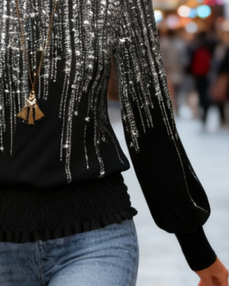 Stilfull Trykt Langermet Topp Med Rund Hals