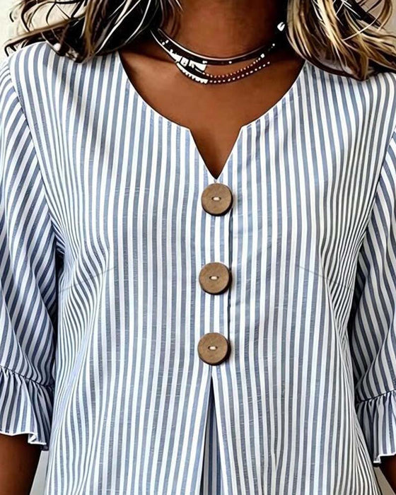 Bluse Mini V-Hals Ruffle Stripe Knapp