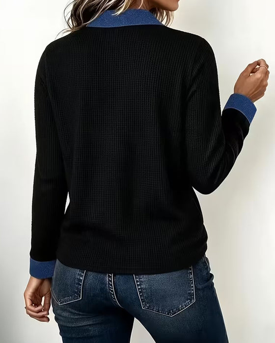 Bluse Avslappet Denim Krage Panel Lang Erme