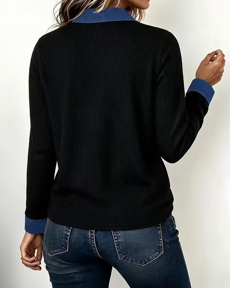 Bluse Avslappet Denim Krage Panel Lang Erme