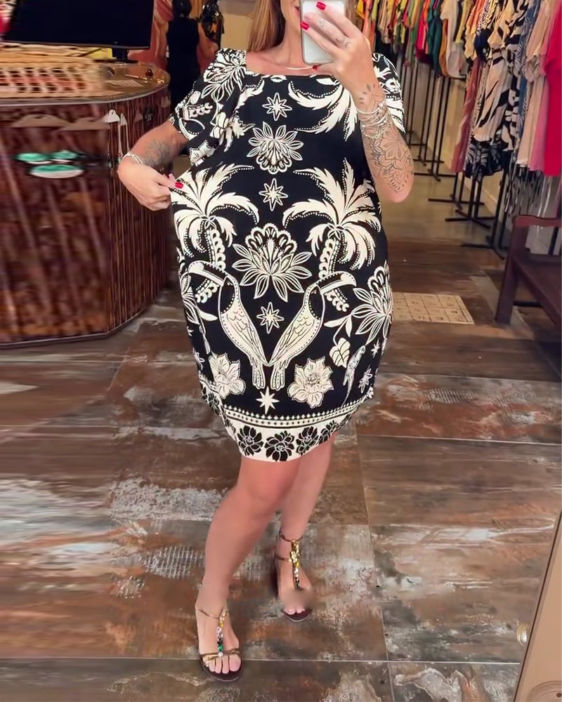 Kjole Bred Krage Rett Halsringning Trykt