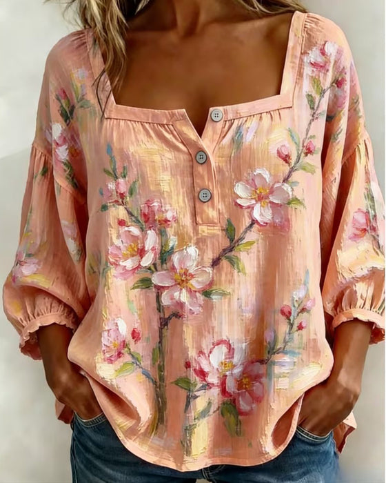 Bluse Blomstret Trykk Firkantet Hals