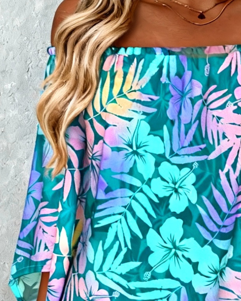 Trykt Bluse Med Skulderfri Flaggermuserem