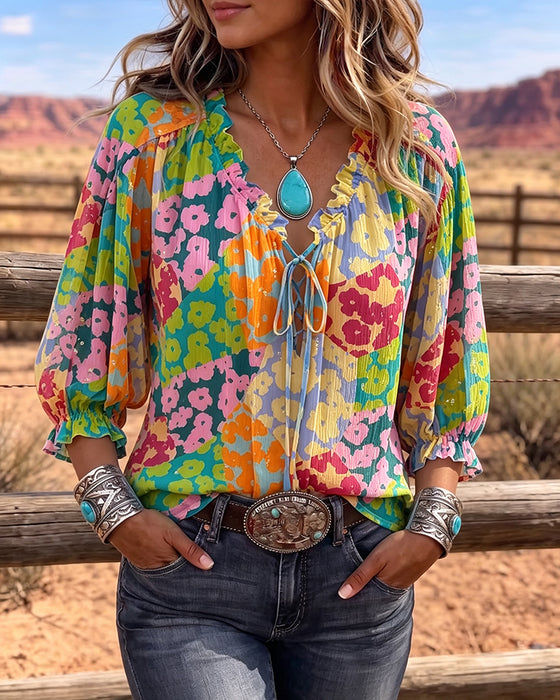 Bluse Blomstret V-Hals Knyt-Foran Puff Erme