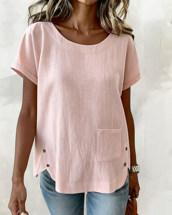 T-Skjorte Bomull Lin Knapp Detalj Kort Erme