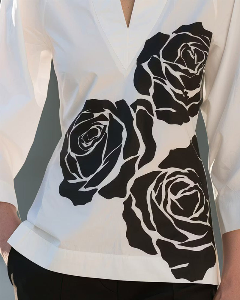 Bluse V-Hals Blomstret Trykk