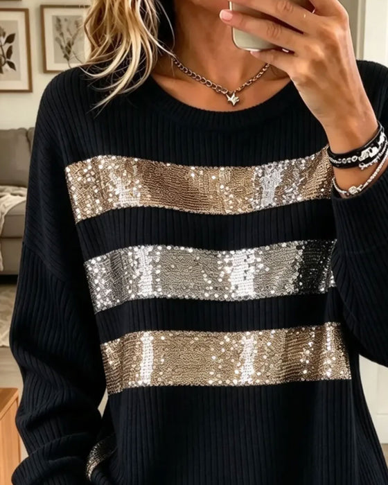 Topp Horisontal Stripe Casual Lang Erme