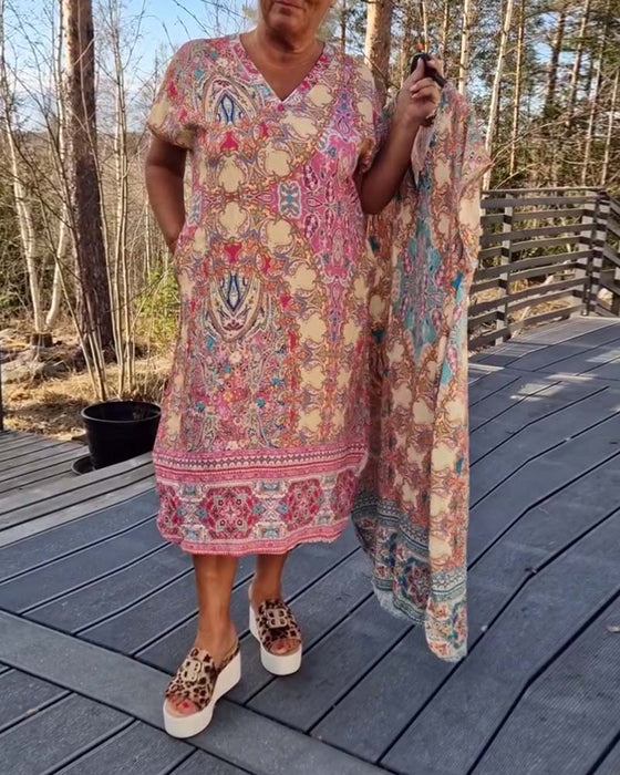 Kjole V-Hals Kortermet Mønstret Rett