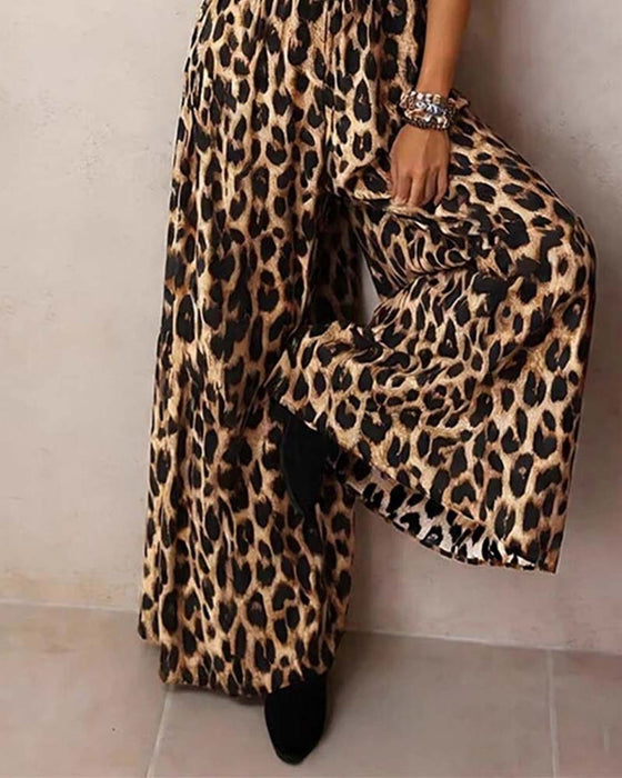Jumpsuit Leopard Høy Midje Bred Ben Seler