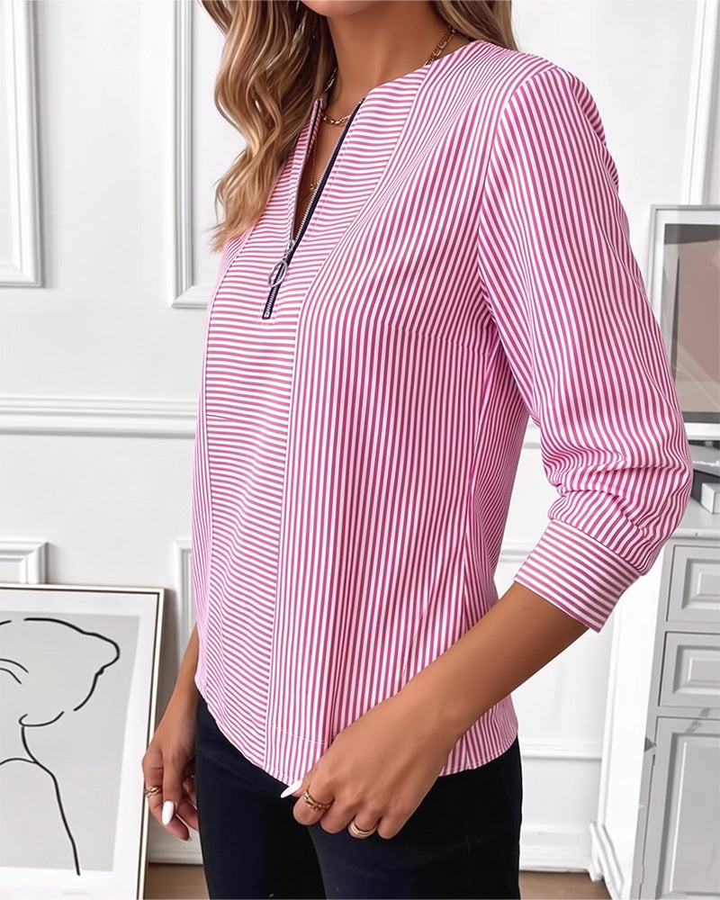 Bluse Stripet Patchwork Glidelås Opp