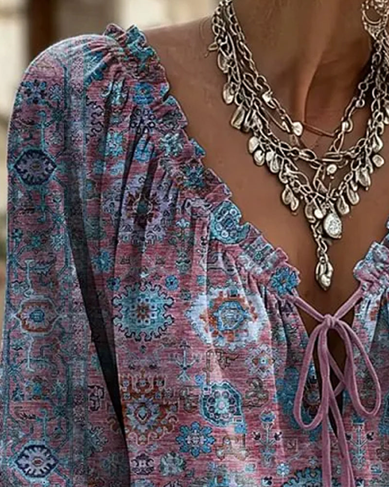 Bluse V-Hals Knyting Vintage Trykk