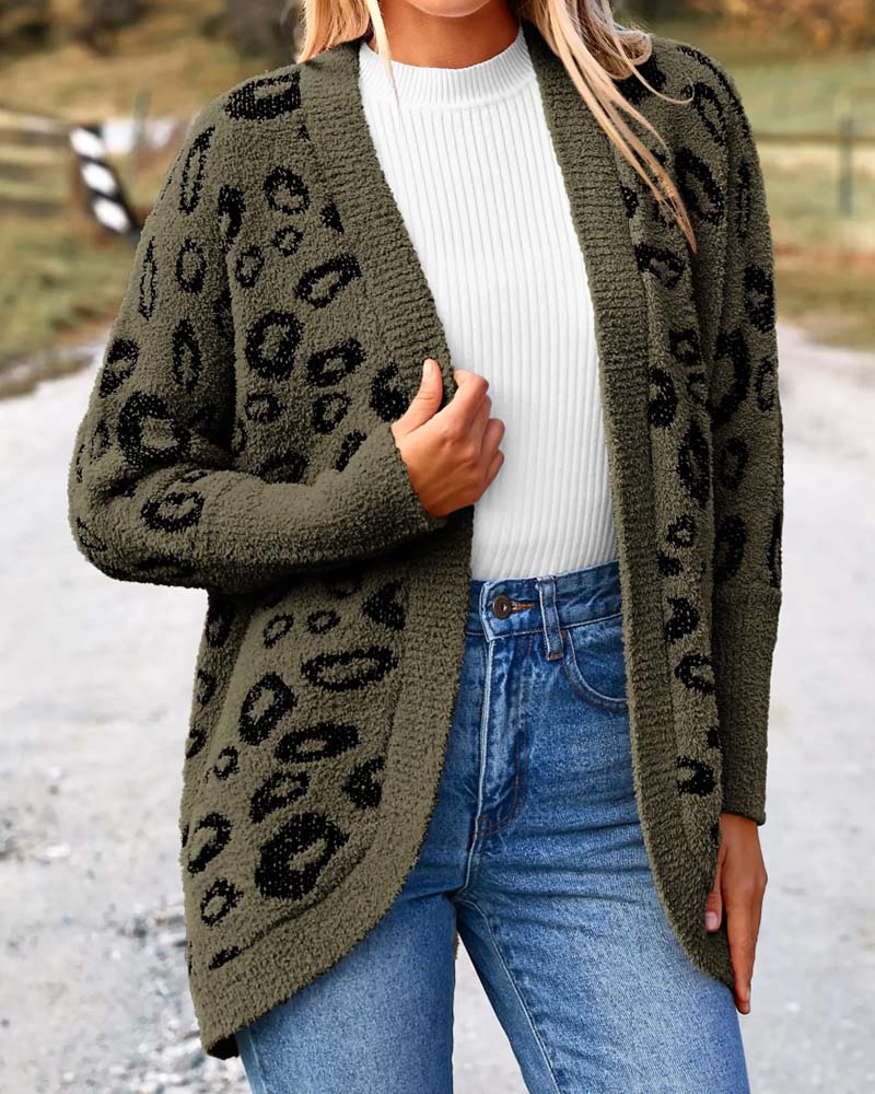 Cardigan Løs Leopardmønster Langermet