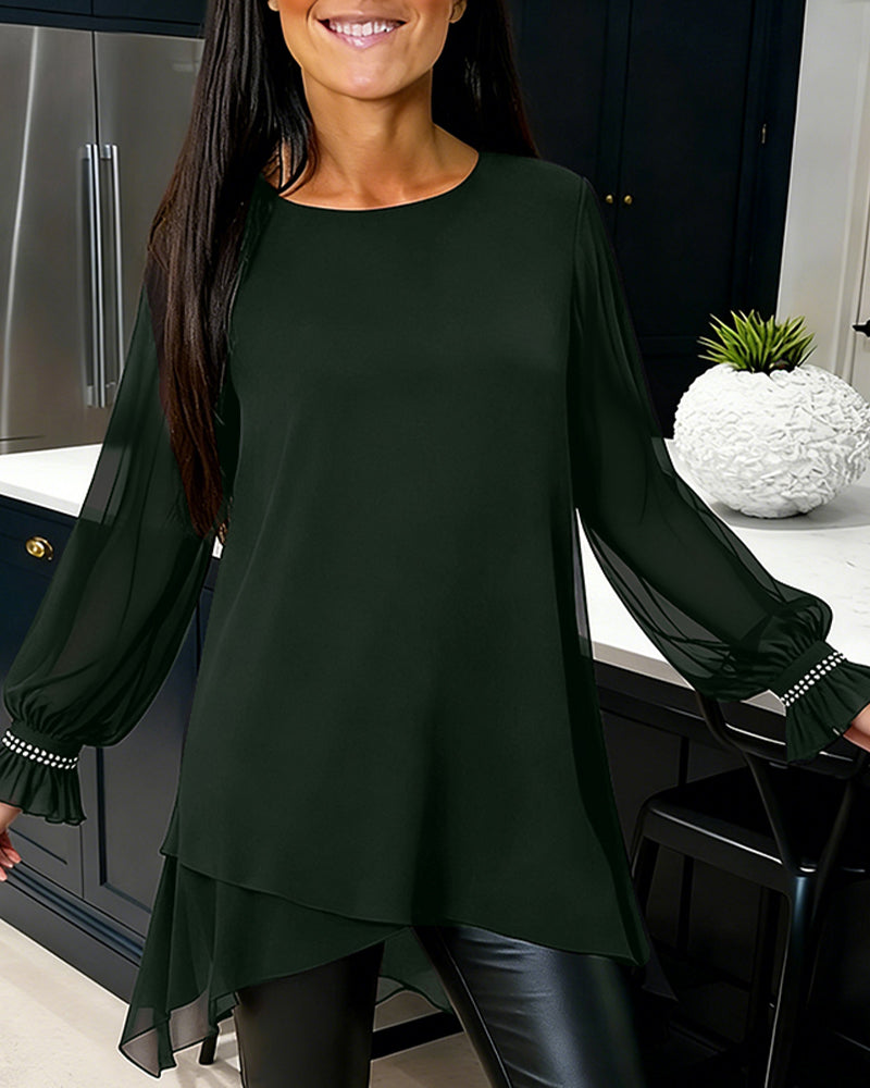 Bluse Perlet Puffermer Rund Hals