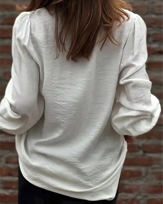 Bluse V-Hals Knapp Foran Ruffle Puffererme