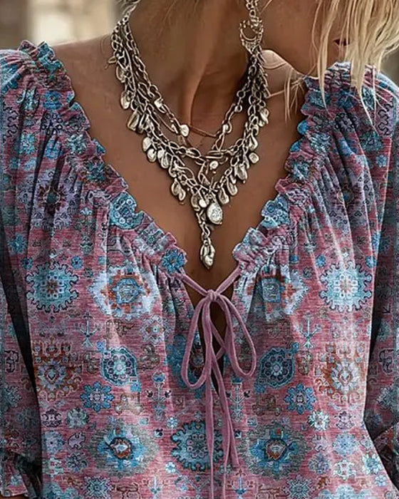 Bluse V-Hals Knyting Vintage Trykk