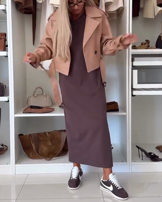 Kjole Ensfarget Rundhalset Splitt Tunika