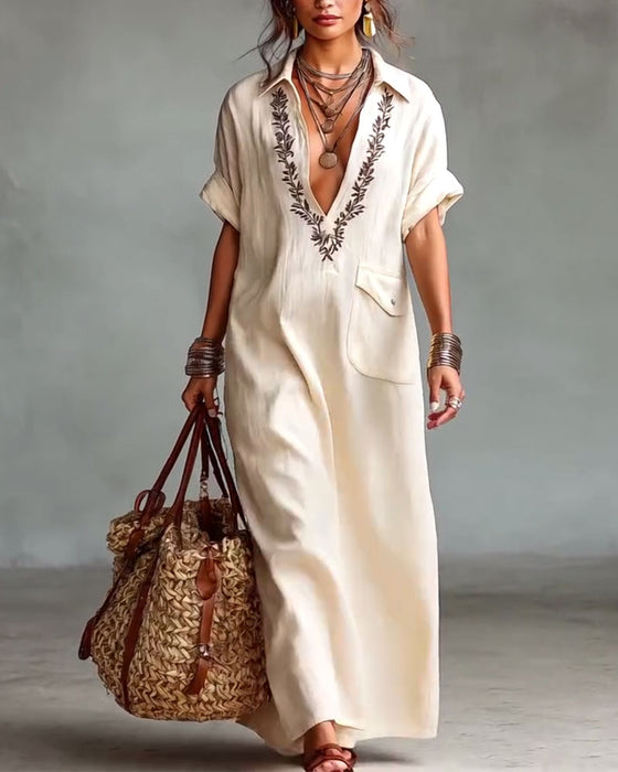 Kjole Dyp V-Hals Trykk Casual Maxi