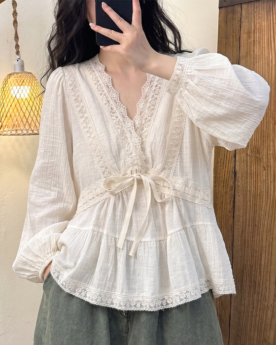Bluse V-Hals Boble Erme Blonder Patchwork Utstilt
