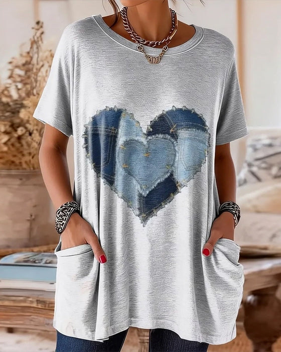 T-skjorte Rund Hals Lomme Hjerte Trykk