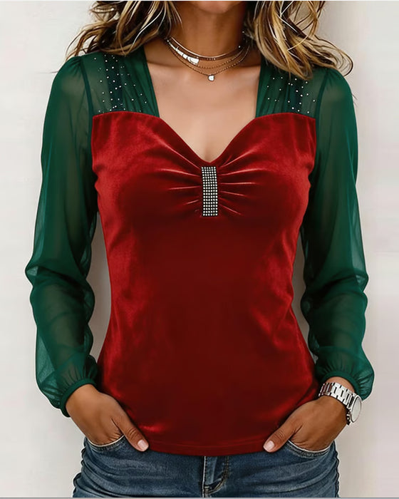 Bluse V-Hals Rynket Nett Fargeblokk Slim Passform