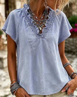 Bluse V-Hals Stripe Ruffle