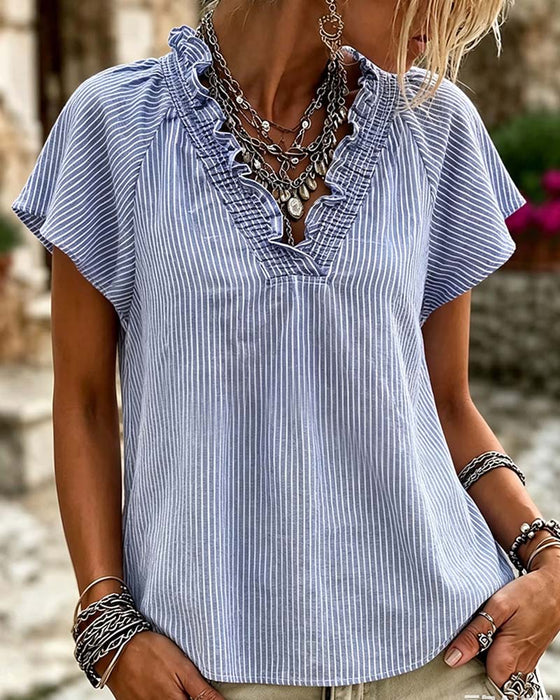 Bluse V-Hals Stripe Ruffle