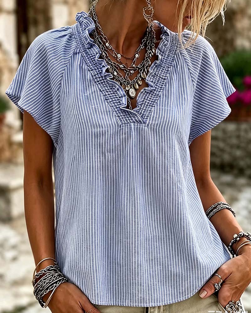 Bluse V-Hals Stripe Ruffle