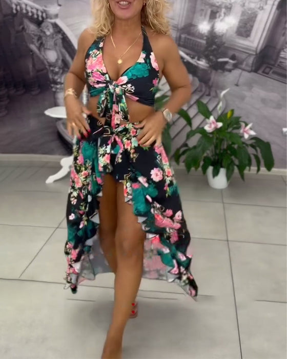 Badedrakt Sexig Trykket Solbeskyttende Tredelt