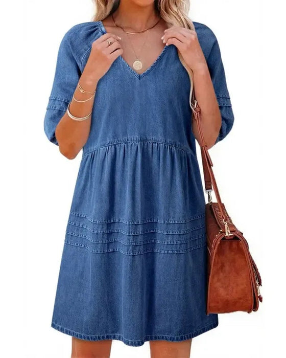 Kjoler Denim V-Hals Puff Erme