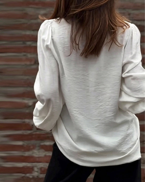 Bluse V-Hals Knapp Foran Ruffle Puffererme
