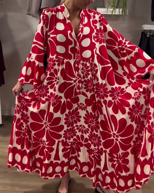 Kjole V-Hals Løs Plus Size Med Blomstertrykk