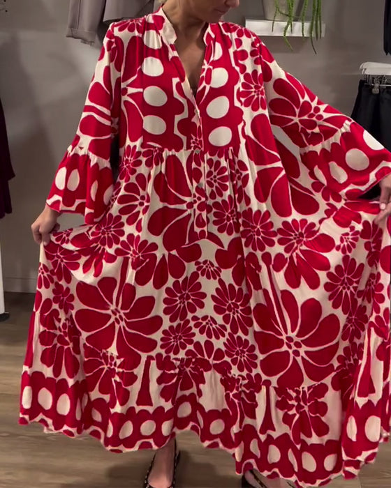 Kjole V-Hals Løs Plus Size Med Blomstertrykk