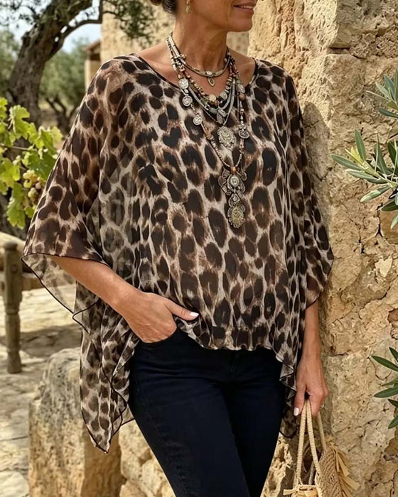 Bluse Leopard Flaggermus-Erme Løs