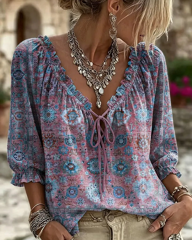 Bluse V-Hals Knyting Vintage Trykk