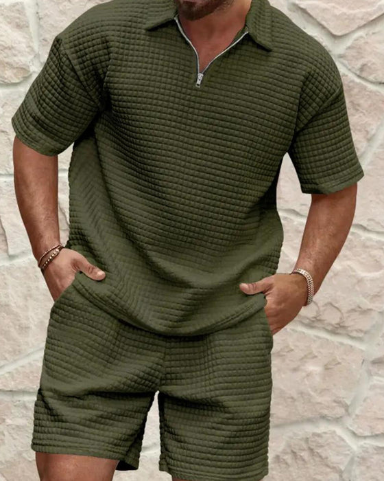 Set Polo Krage Glidelås Vaffel Tekstur Shorts