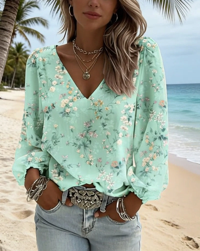 Bluse Blomstret V-Hals Pufferme