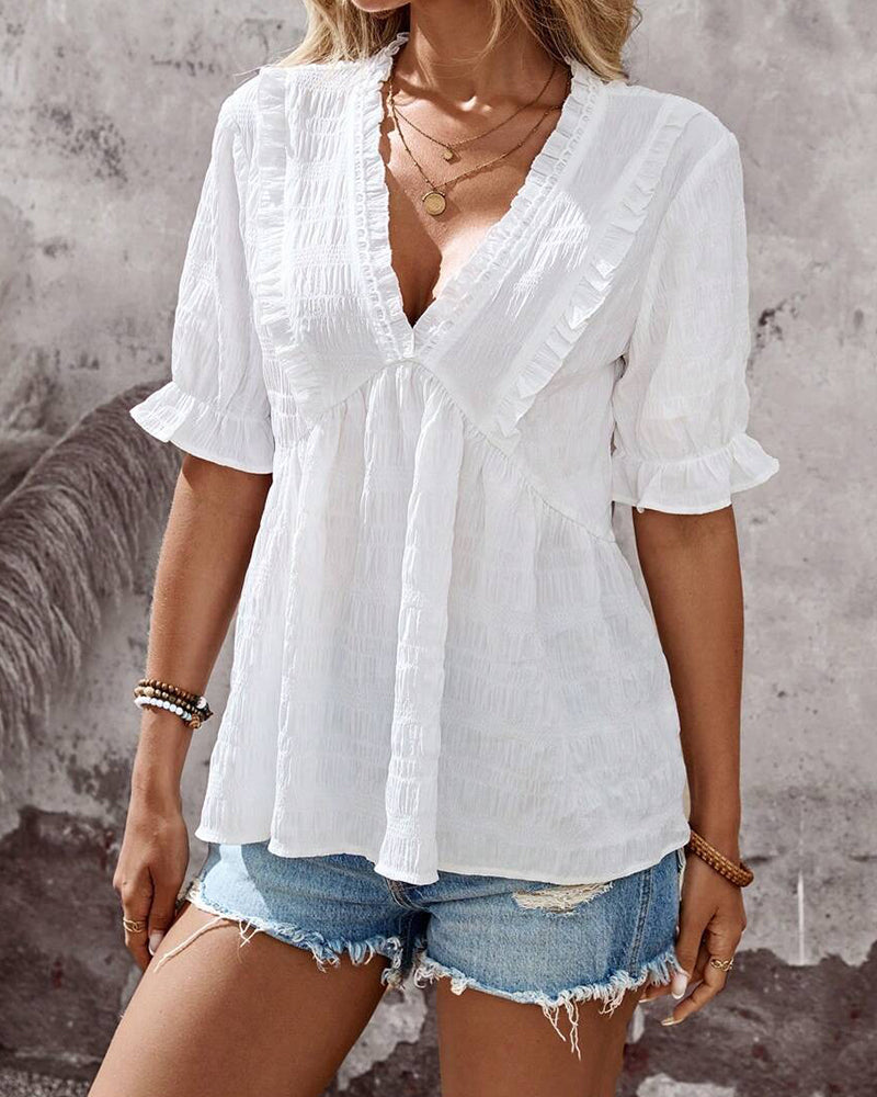 Bluse V-Utringning Rysje Ensfarget Babydoll