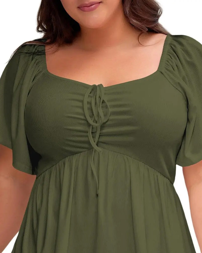 T-Skjorte Large Size Square Neck Bubble Sleeve