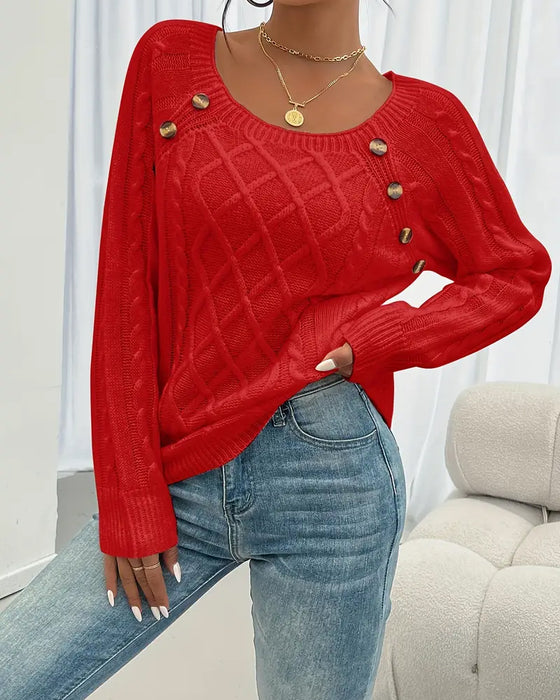 Genser Ensfarget Raglanermer Spenne Kabelstrikk