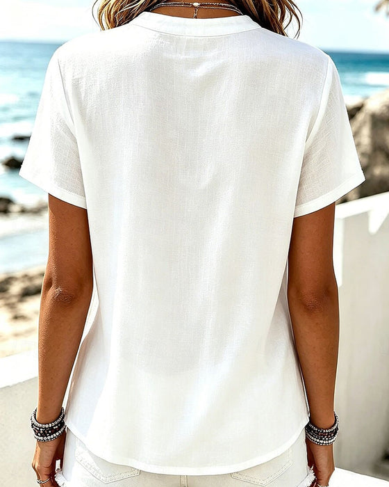 Bluse V-Hals Hollow Out Solid