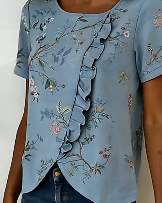 Bluse Rundhalset Kortsermet Rysje Blomstret