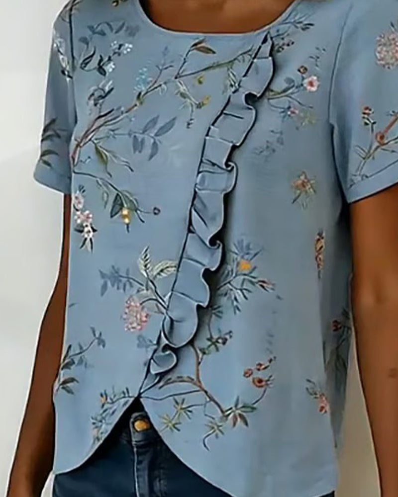 Bluse Rundhalset Kortsermet Rysje Blomstret