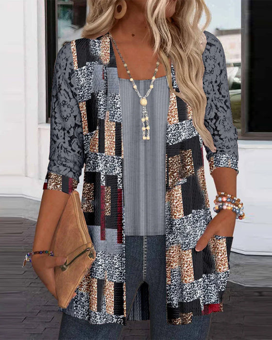 Langermet Bluse Med Print Og Falsk To-Delts Look