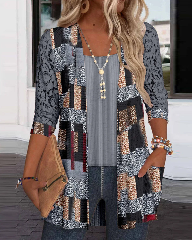 Langermet Bluse Med Print Og Falsk To-Delts Look