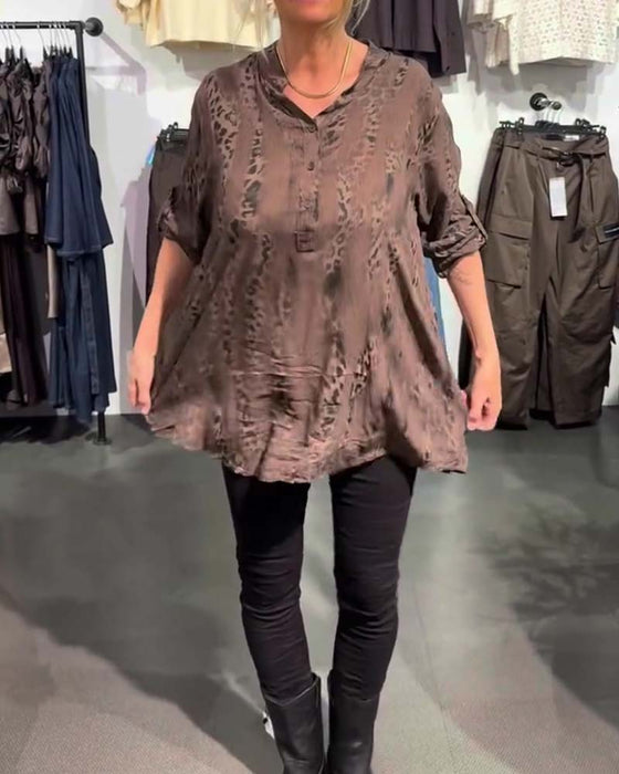 Bluse V-Hals Knapp Foran Leopard Trykk Avslappet